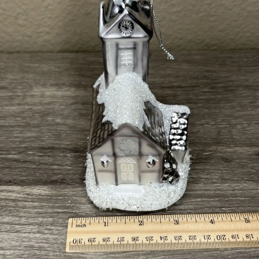 Hand Blown Glass White Silver Glitter House Church Christmas Ornament 6